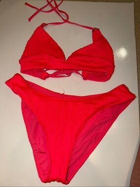Bright Pink Ribbed Bikini Set - Women's Swimwear